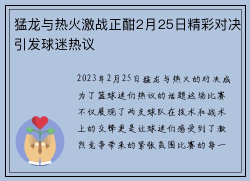 猛龙与热火激战正酣2月25日精彩对决引发球迷热议